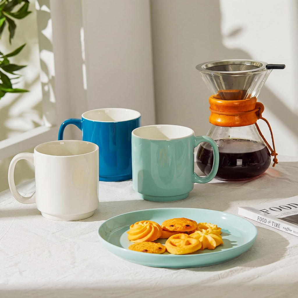 Stackable Coffee Mugs - 10 Oz Porcelain Cups for Specialty Coffee Drinks, Cappuccino, Cafe Mocha, Latte and tea, Set