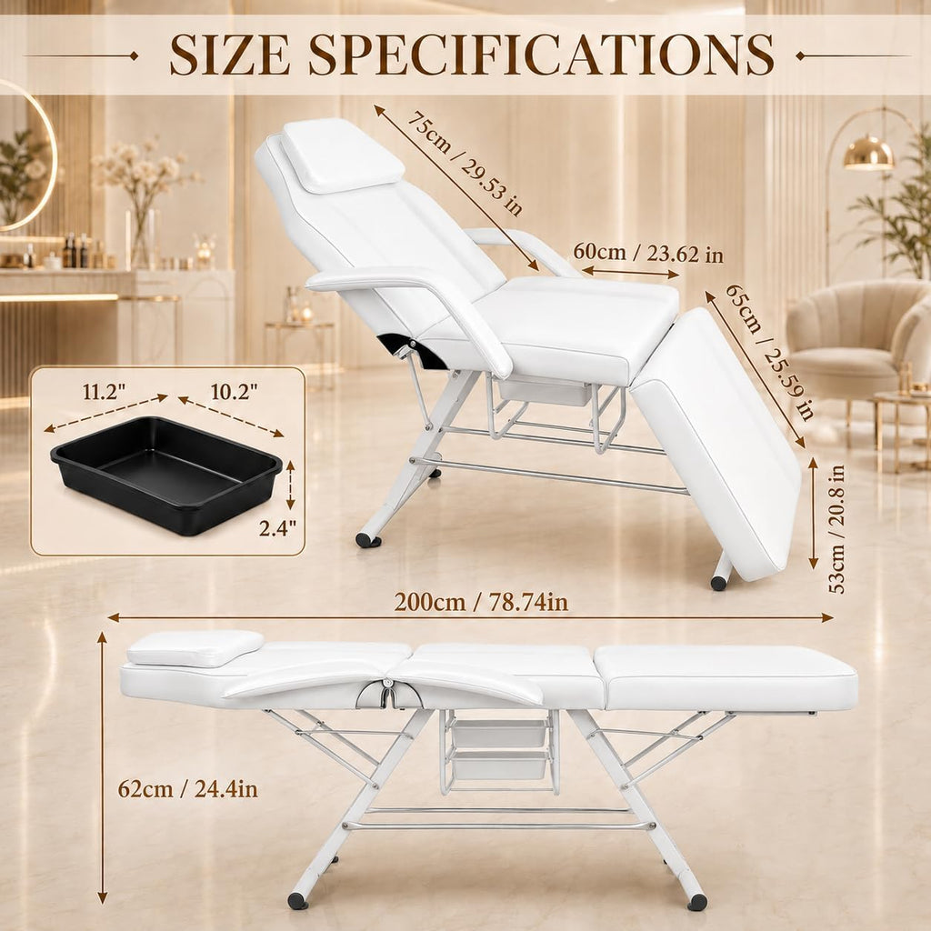 78” x 24” Tattoo Chair, Reclining Facial Bed Esthetician Chair, Waterproof 3-Section Lash Bed Massage Table with with