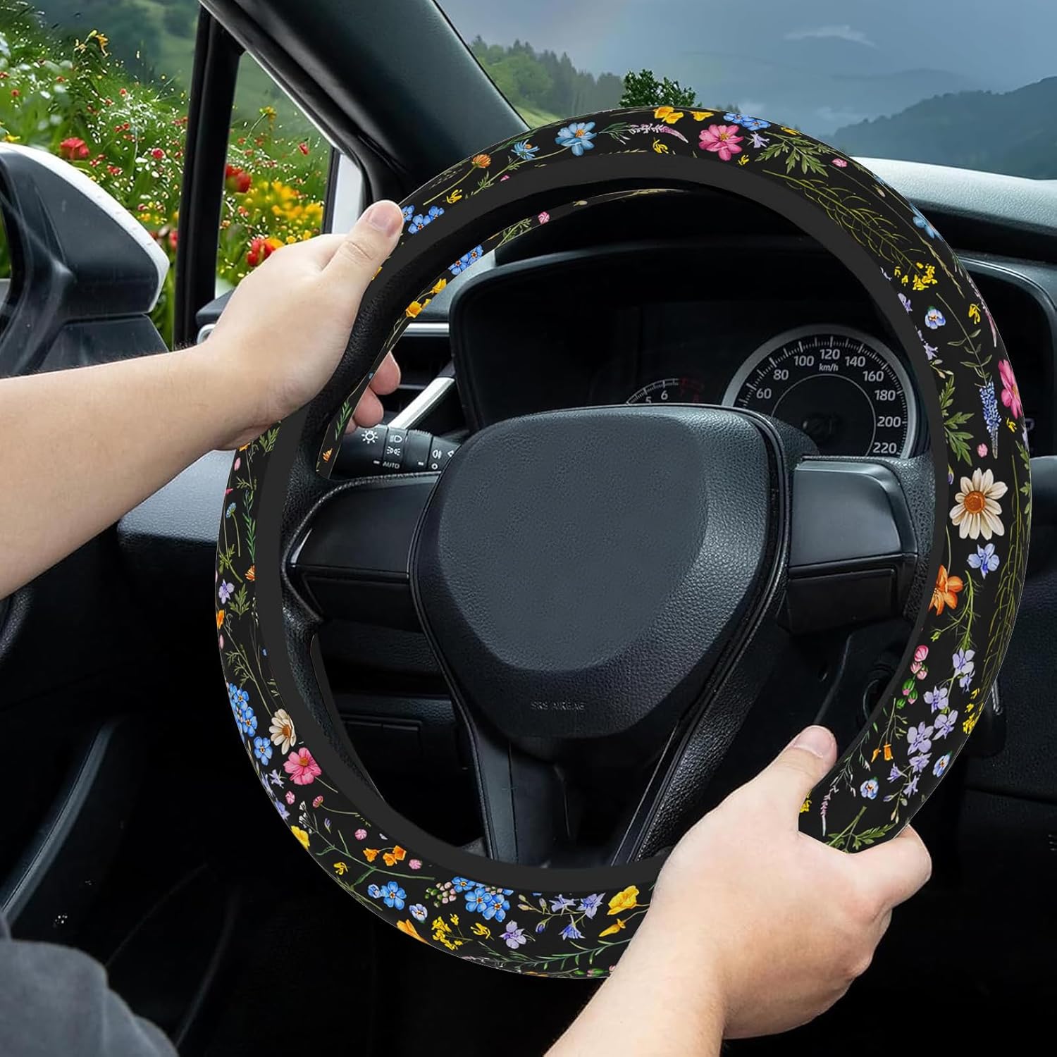 Wildflower Car Steering Wheel Cover, Flower Car Accessory for Diverse Cars, Cute Floral Print Steering Wheel Cover