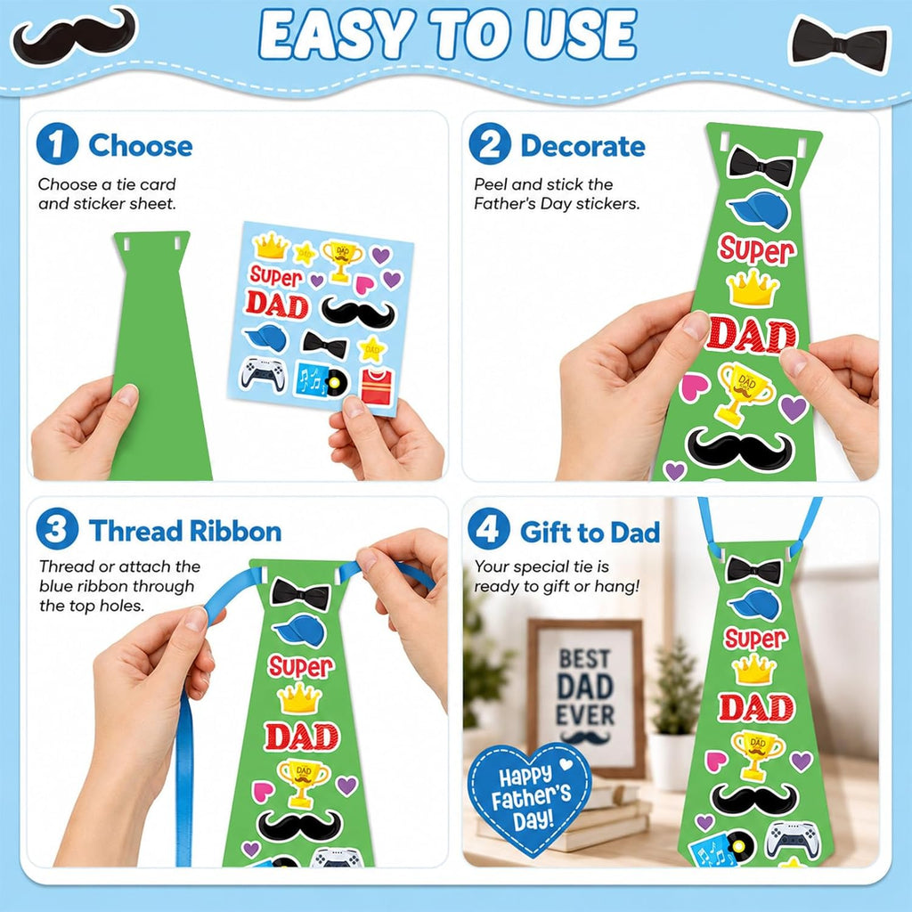 24 Set Father's Day Craft Kit for Kids Father's Tie Greeting Card with Stickers Best Dad Ever DIY Art Crafts Card