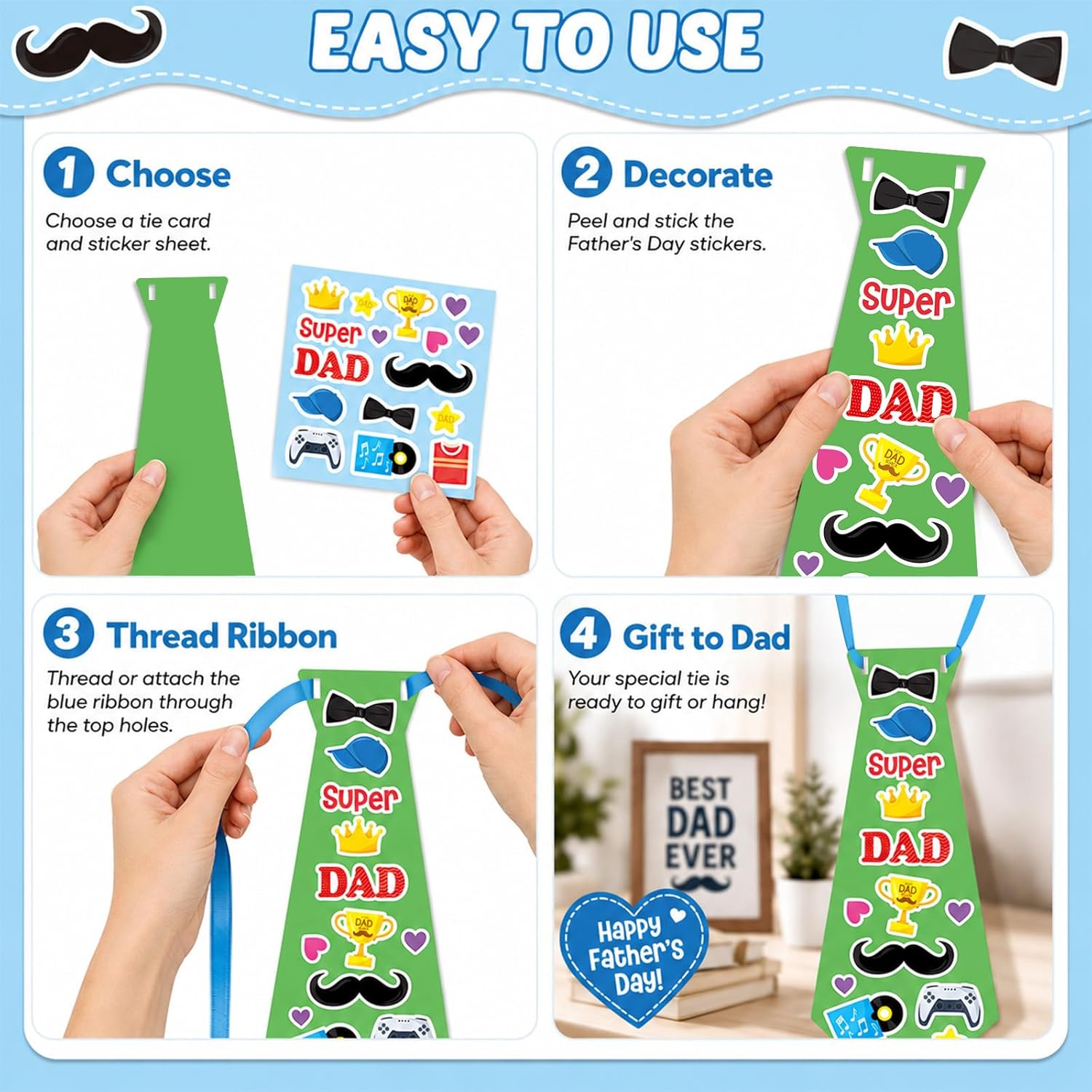 24 Set Father's Day Craft Kit for Kids Father's Tie Greeting Card with Stickers Best Dad Ever DIY Art Crafts Card