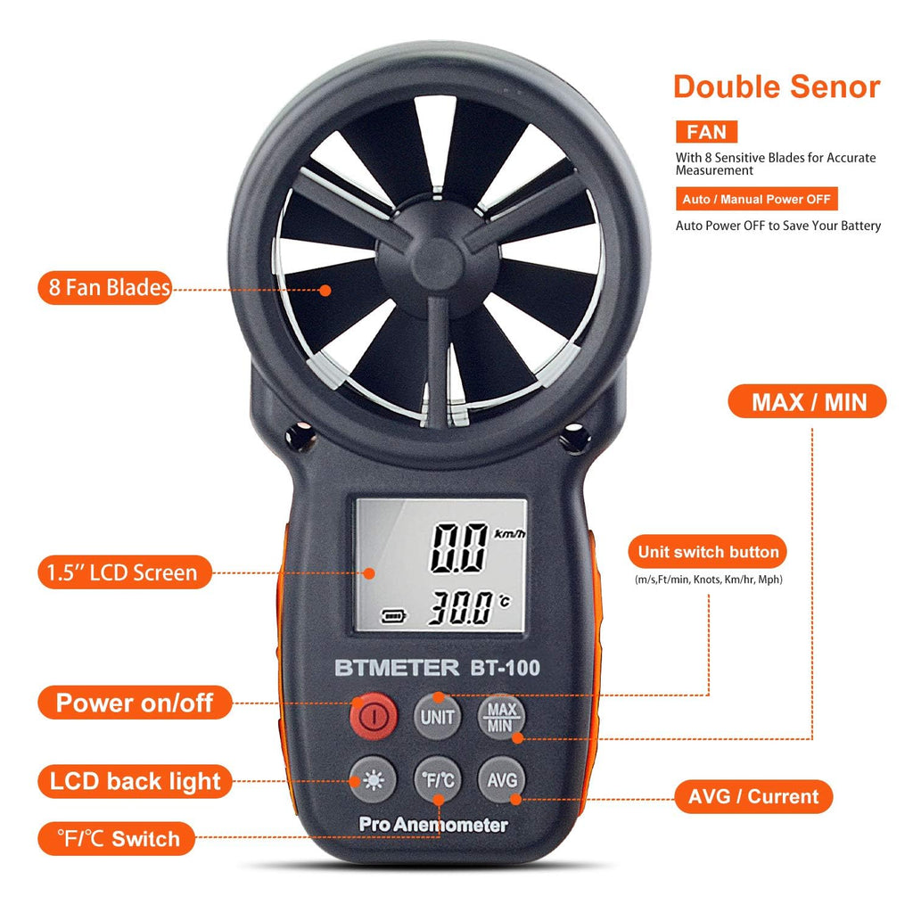 BT-100 Handheld Anemometer, Digital Wind Speed CFM Meter Gauge Air Flow Velocity Tester for HVAC Shooting Drone, Wind