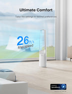 Bladeless Tower Fan with 26-33ft Powerful Airflow, Alexa and Google Compatible, 6-Speed Settings, Quiet DC Motor