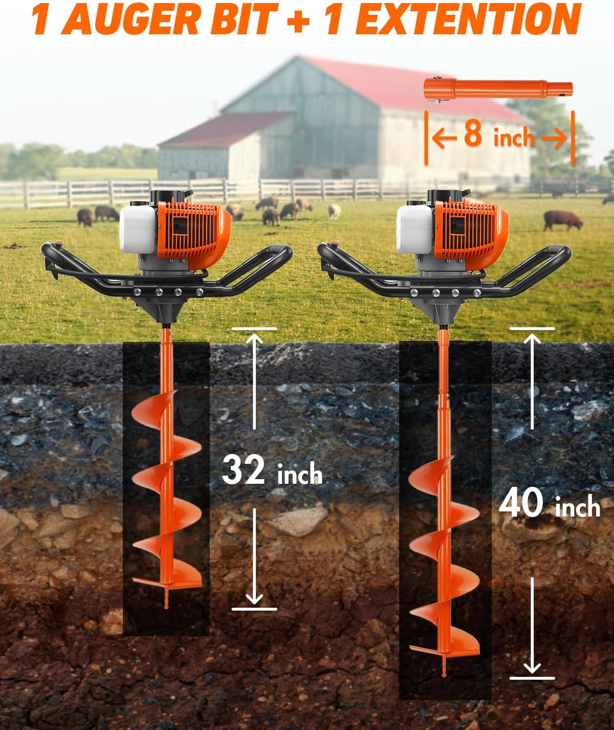 63CC Post Hole Digger Gas Powered, 2-Stroke Earth Auger with 8" Auger Bit & 8" Extension Bar, Heavy Duty Ice Auger &