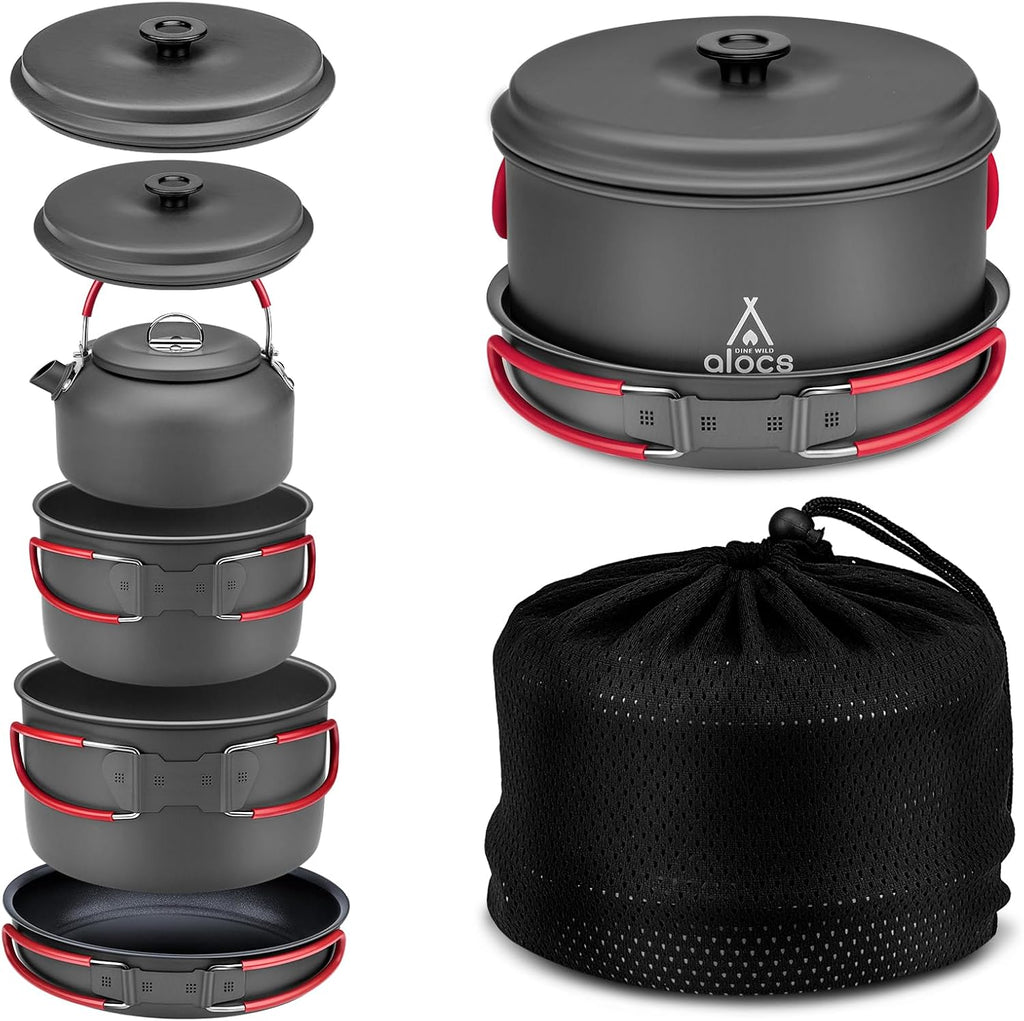 Camping Cookware Set Camping Gear, Compact Camping Pots and Pans Set, Durable Hard Alumina Camping Cooking Set for