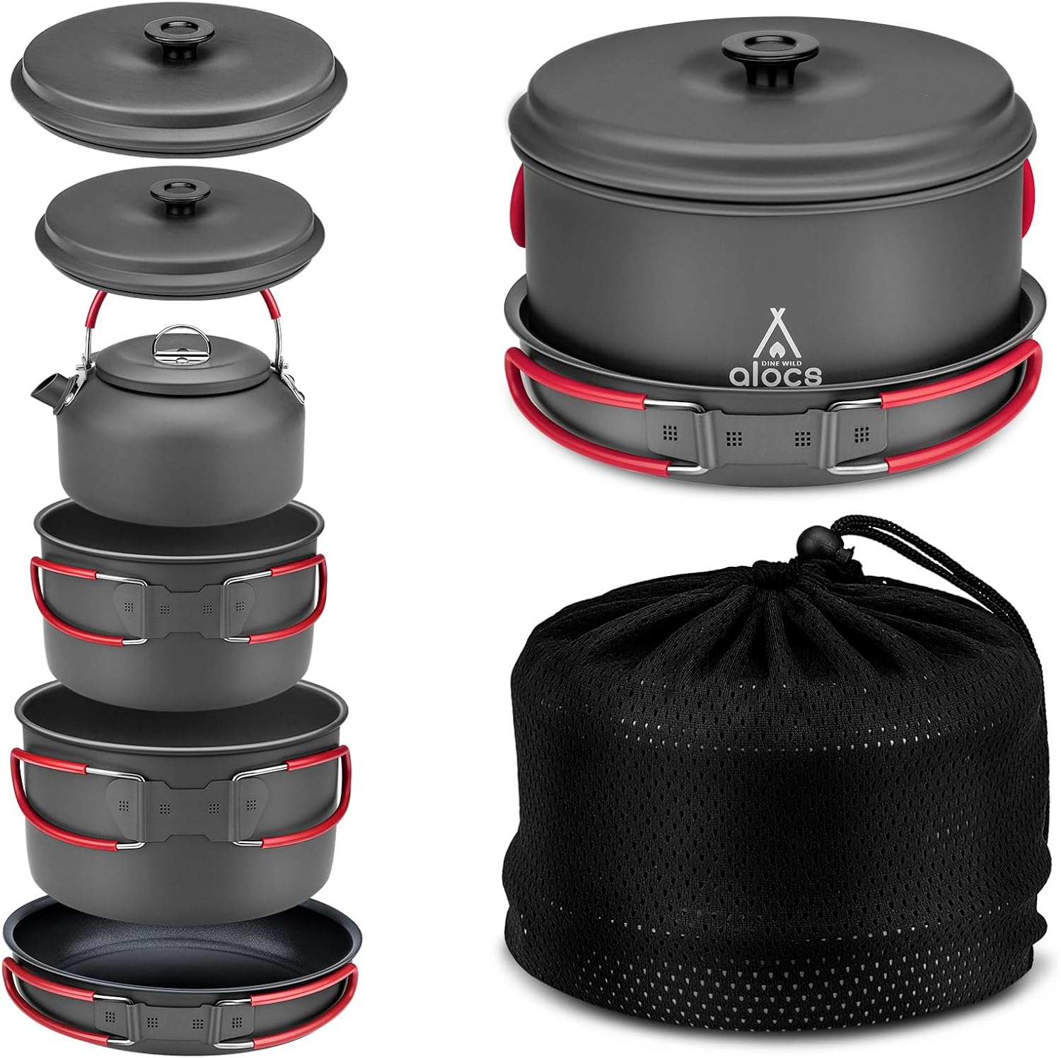 Camping Cookware Set Camping Gear, Compact Camping Pots and Pans Set, Durable Hard Alumina Camping Cooking Set for