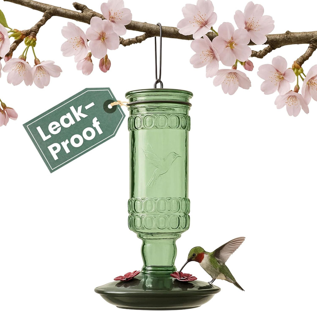 Antique Glass Bottle Hummingbird Feeder, 10 oz Capacity, Green