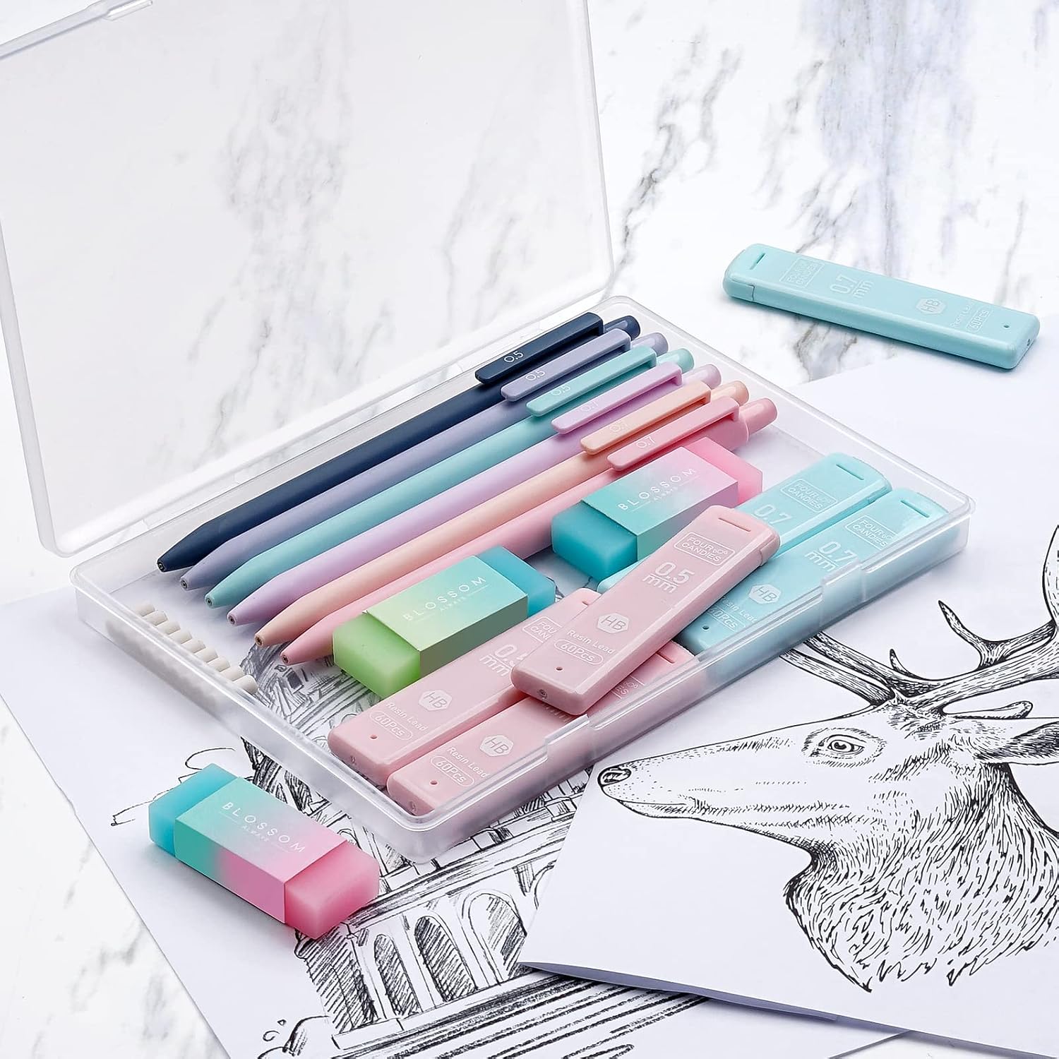 Cute Mechanical Pencil Set, 6-Pack 0.5/0.7mm | 360 Lead Refills, 3 Erasers, 9 Eraser Refills, Storage Case, Back to
