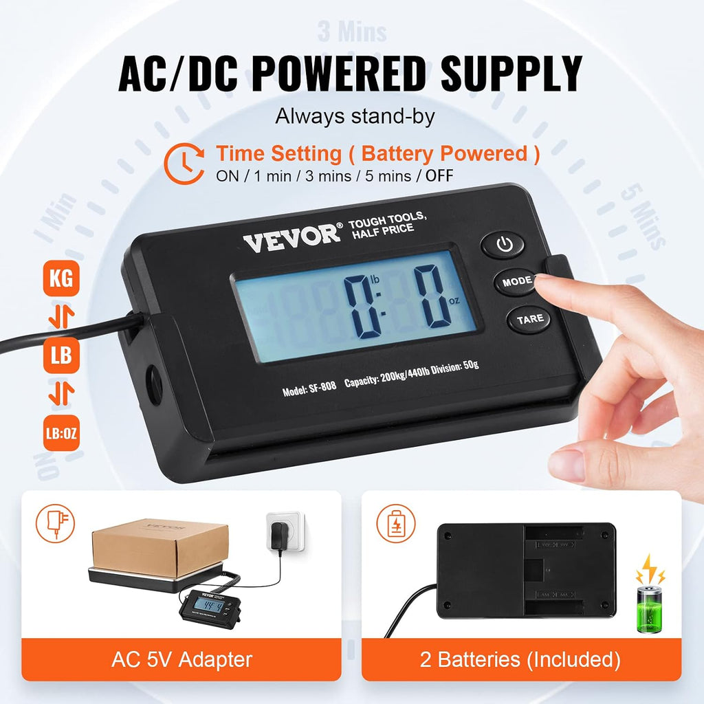 Digital Shipping Scale, 440 lbs x 1.7 oz. Heavy Duty Postal Scale with Timer, Tare Function, HD LCD Screen Portable