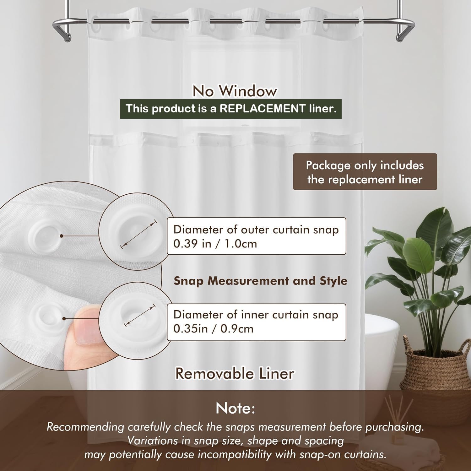 70x54 Snap-in Shower Curtain Replacement Liner White | 2 Bottom Magnets, Fabric, Removable, Water Repellent, Machine