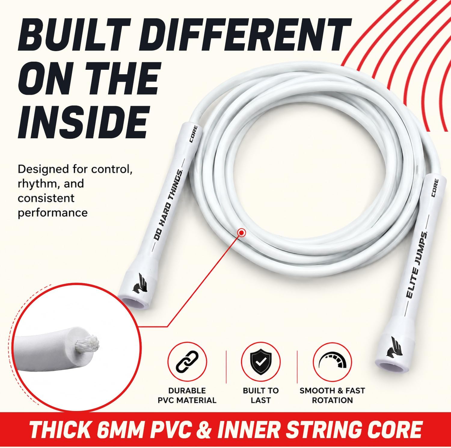 Elite Jumps 6mm PVC Jump Rope, Adjustable Skipping Rope | Non-kinking PVC cord. Unbreakable handles. Smooth rotation.