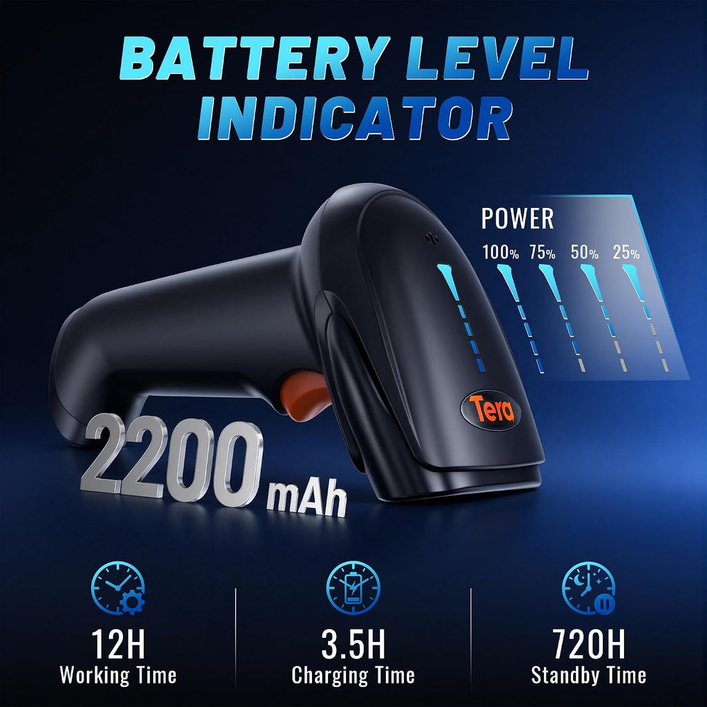 Barcode Scanner 2D Wireless: with Battery Indicator and Stand, HW0002 | BT 2.4G USB, 2200mAh, 640*480 CMOS, 1D 2D QR