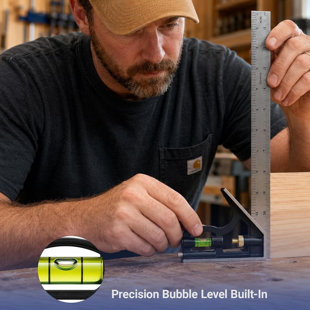 12 Inch Combination Square, Adjustable Carpenter Square with Stainless Steel Ruler and Aluminum Head, Metric and Inch
