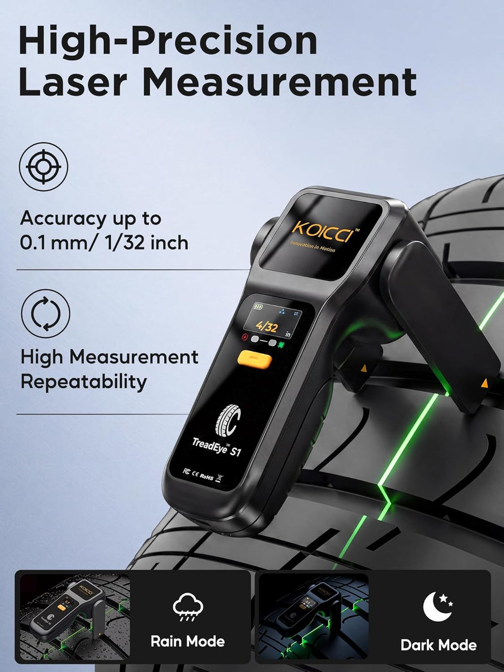 Laser Digital Tire Tread Depth Gauge, Electronic Tool Scanner 32nds