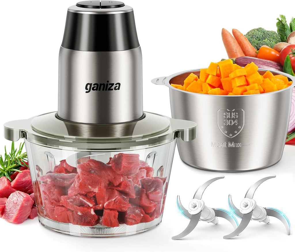 Food Processors with 2 Bowls, 450W Meat Grinder Vegetable Chopper | 2-Speed Electric Food Chopper with 8 Cup Glass &