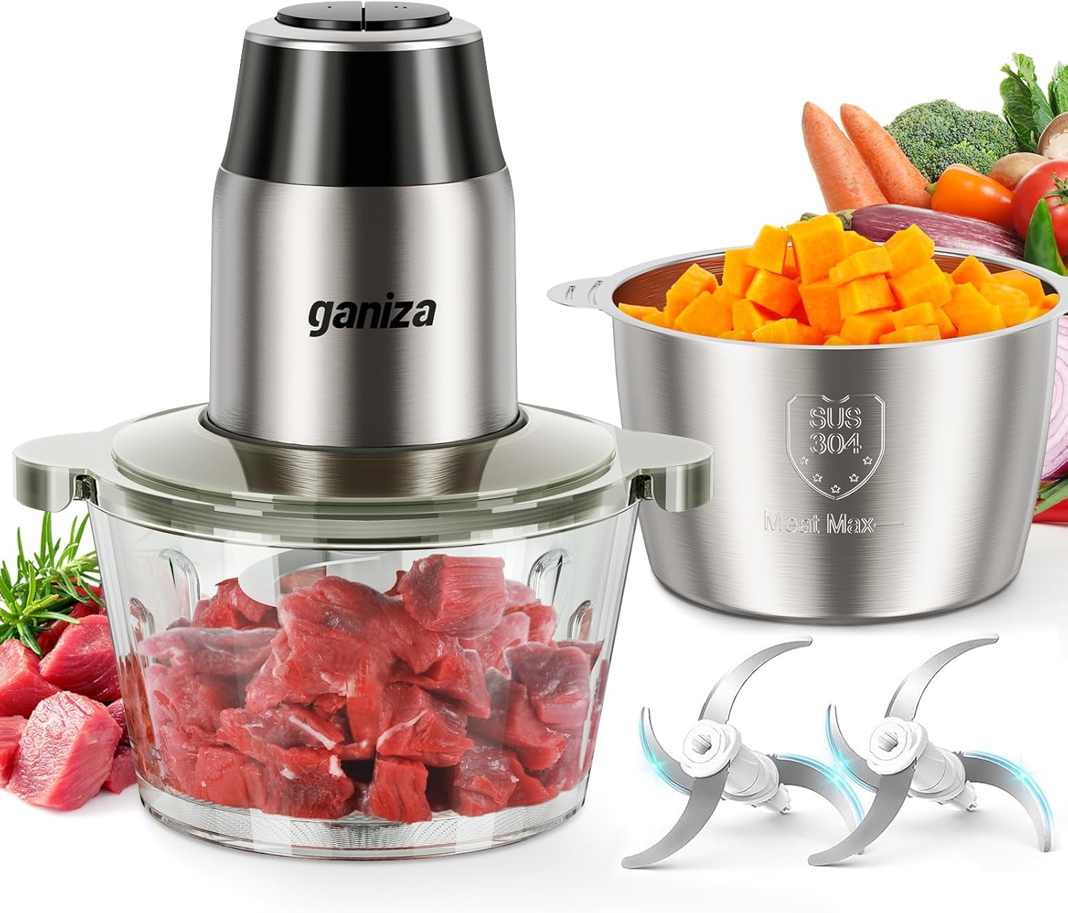 Food Processors with 2 Bowls, 450W Meat Grinder Vegetable Chopper | 2-Speed Electric Food Chopper with 8 Cup Glass &