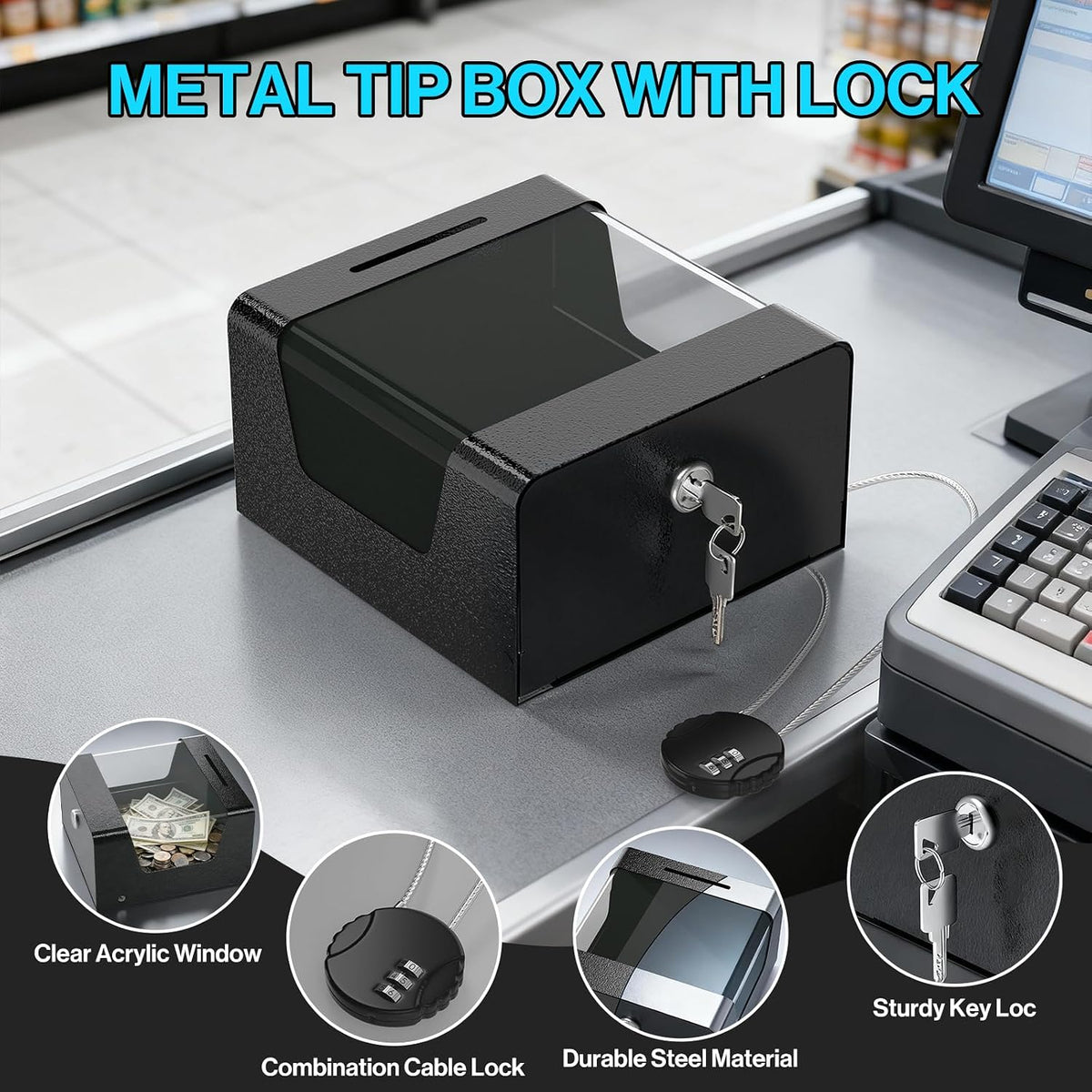 Metal Tip Box Tip Jar with Key & Combination Cable Lock for Bars