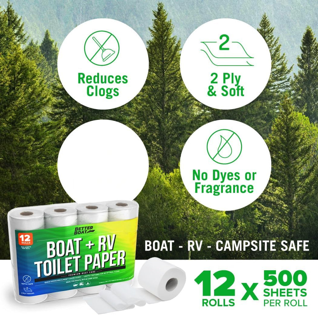 RV Toilet Paper 12 Rolls (500 Sheets Each), Rapid Dissolving 2-Ply