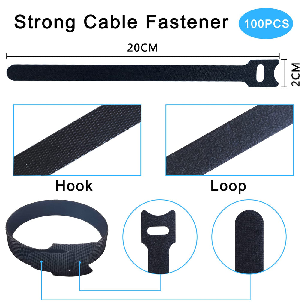 100pcs Reusable Cable Ties 7.8 In |Adjustable Cord Straps&Wire Wraps|Hook and Loop Cable Management Organizer