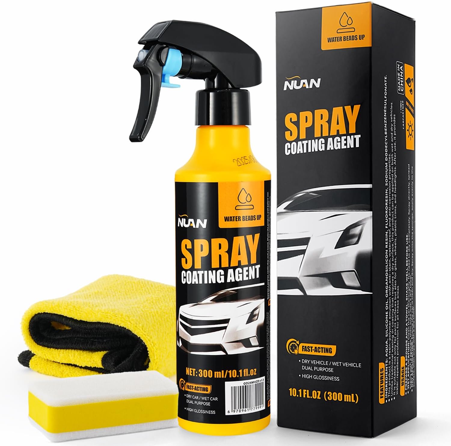 Nano Hydrophobic Ceramic Coating, 300ml Car Coating Spray Kit, Easy-to-Spray Auto Paint Protection, Includes