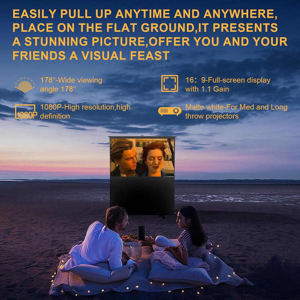 Screen 100 inch 16:9 Portable Manual Pull Up Floor Rising Projector Screen Indoor & Outdoor HD Matte White for Long