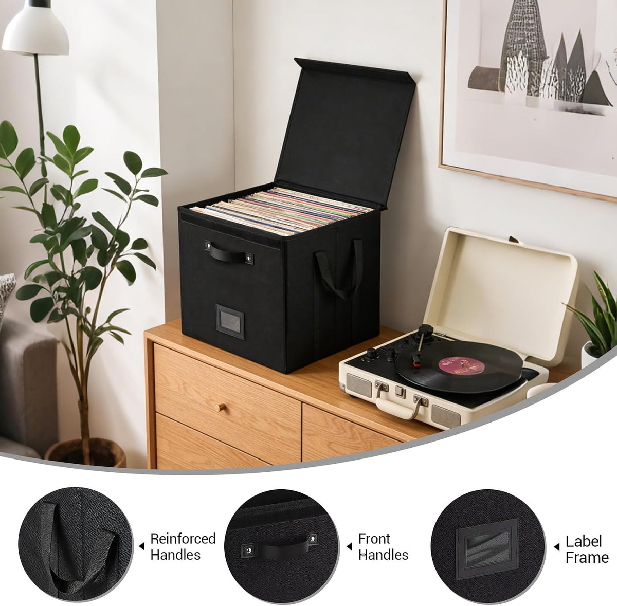 Set of 3 Stackable Vinyl Record Storage Boxes - Non-Woven LP Record Holder Crates with Lids, Handles & Label Slots