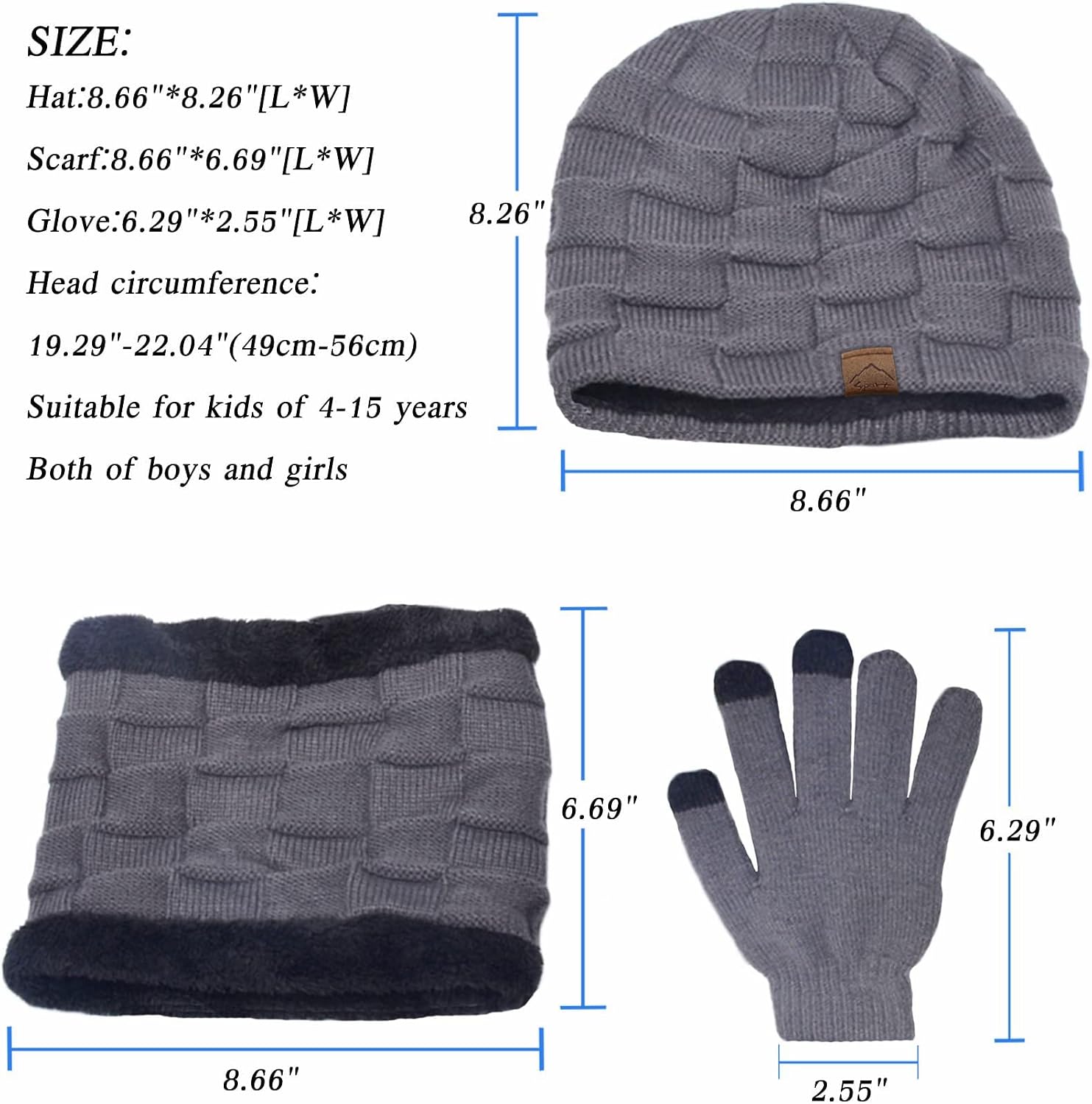 Kids Winter Beanie Hat Scarf Touchscreen Gloves Set for Boys Girls 4-15 Years Warm Skull Cap Fleece Lined Knitted Hat