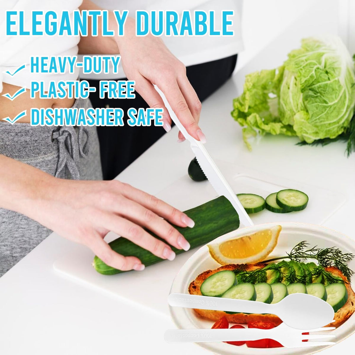 250 Count Compostable Disposable Non Plastic Silverware, Heavy Duty Biodegradable Forks Spoons Knives Cutlery Set