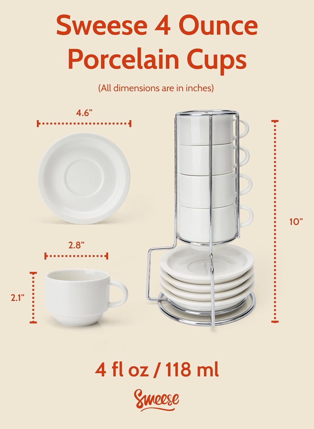 Porcelain Espresso Cups Set, 4 oz Stackable Cups with Saucers Metal Stand, Set of 4, White