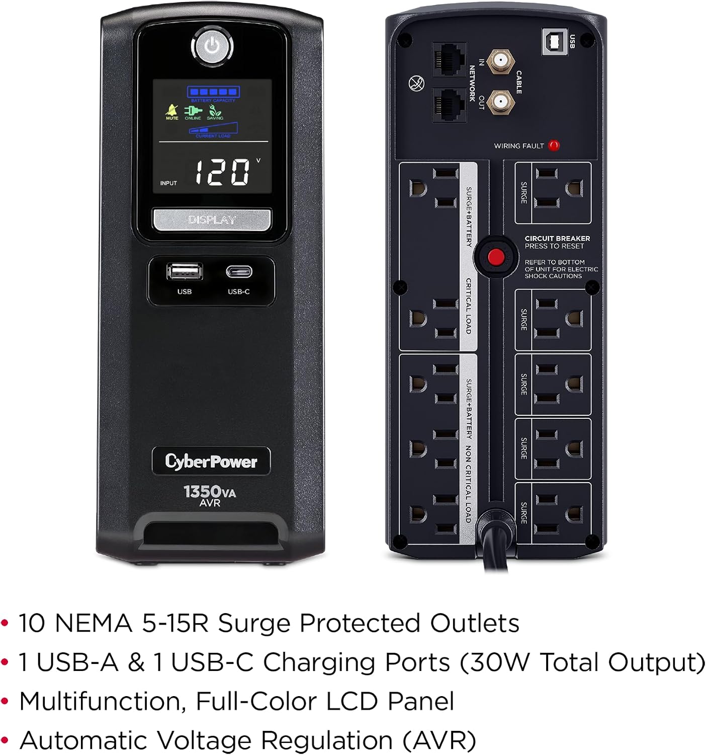 CST135UC2-R Line‑Interactive UPS Battery Backup and Surge Protector, 1350VA/810W, AVR, 10 Outlets, USB‑C & USB‑A
