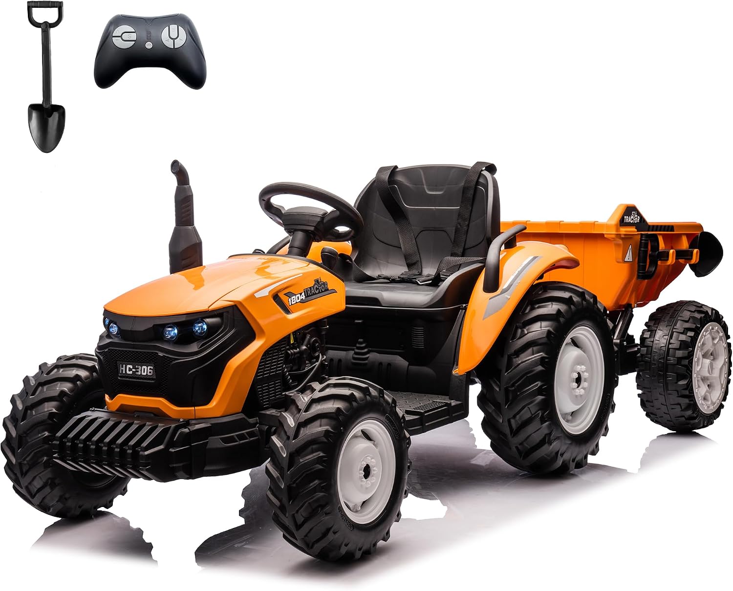 24V Ride On Tractor with Electric Trailer 2WD Ride On Toy Car for Big Kids 6+, Remote Control, Extra Large EVA