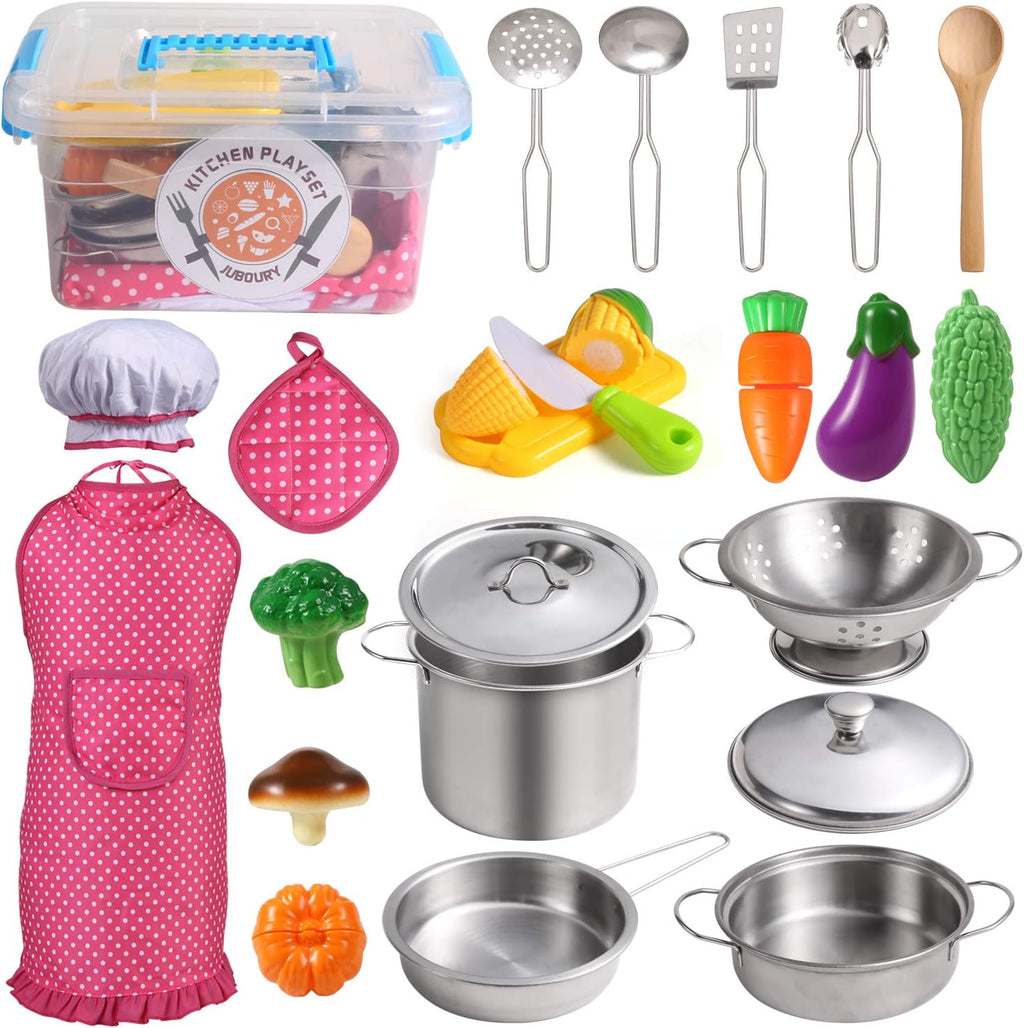 Kitchen Pretend Play Toys with Stainless Steel Cookware Pots and Pans Set, Cooking Utensils, Apron & Chef Hat