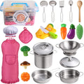 Kitchen Pretend Play Toys with Stainless Steel Cookware Pots and Pans Set, Cooking Utensils, Apron & Chef Hat