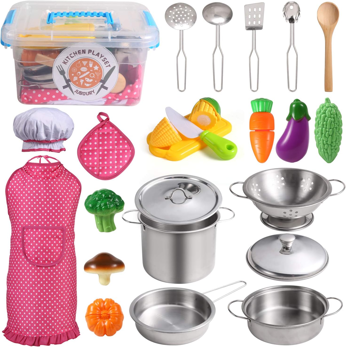 Kitchen Pretend Play Toys with Stainless Steel Cookware Pots and Pans Set, Cooking Utensils, Apron & Chef Hat