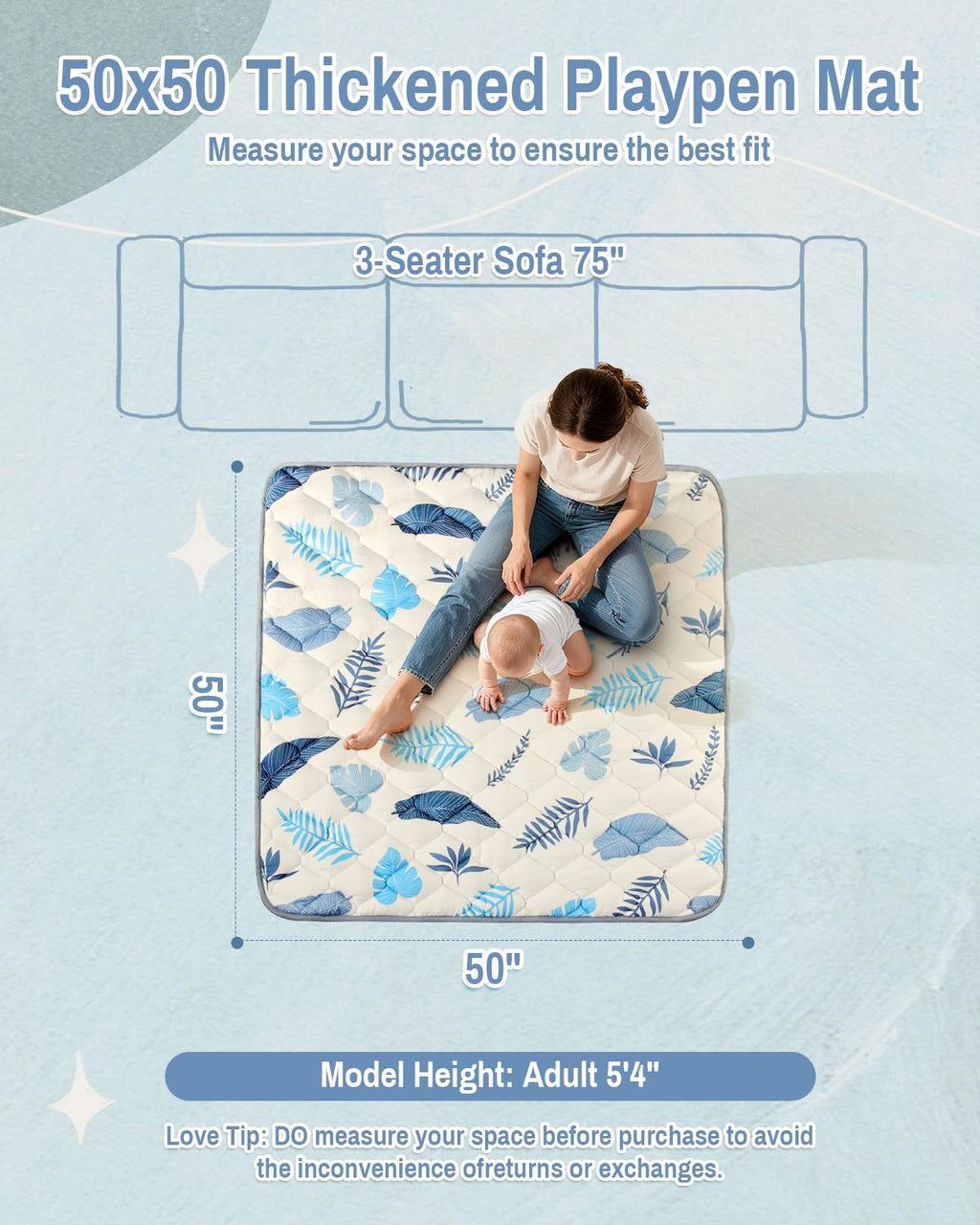 Baby Play Mat, 50x50 Thickened Playpen Mat, Non-Slip Baby Mat for Floor, Foldable Portable Playmat Suitable for