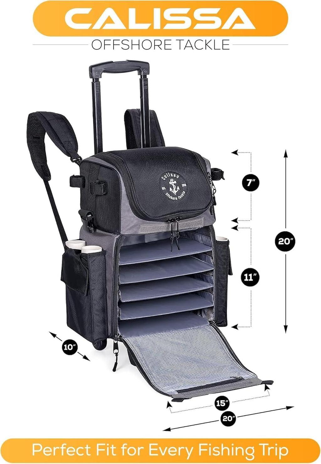 'Recon' Rolling Fishing Backpack, Tackle Box Storage Bag - Non-Corrosive Fishing Tackle Bag with (5X) 3650 Boxes