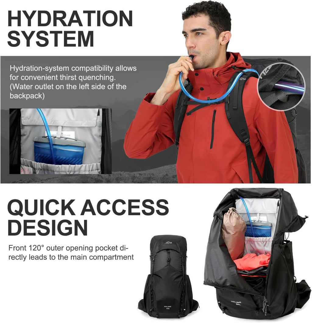55L Internal Frame Waterproof Hiking Camping Backpack with 3L Water Bladder and Rain Cover, Large Lightweight Travel