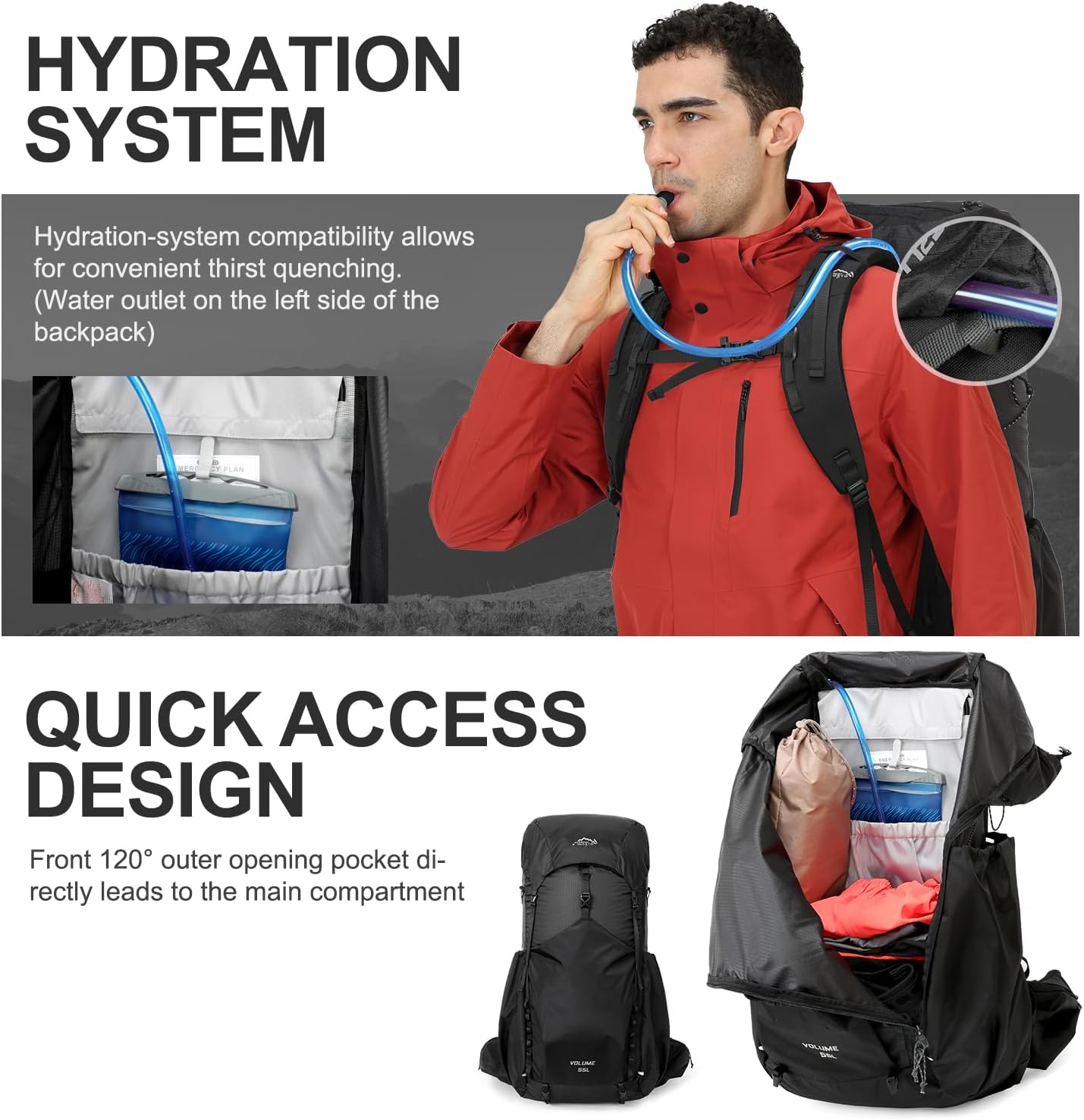 55L Internal Frame Waterproof Hiking Camping Backpack with 3L Water Bladder and Rain Cover, Large Lightweight Travel