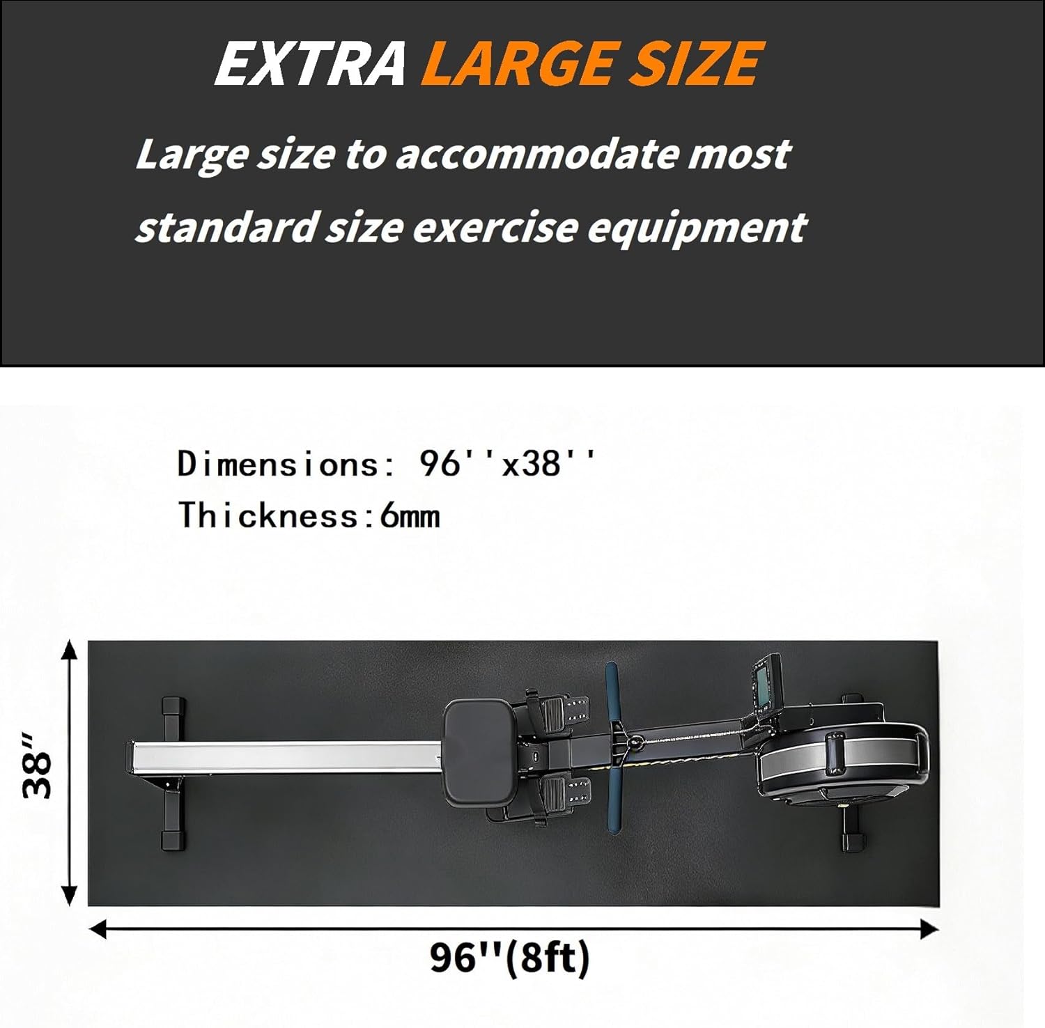 Large Exercise Equipment Mat 96"x38" - Heavy Duty Floor Protection for Treadmill, Bike & Elliptical, 6mm Thick