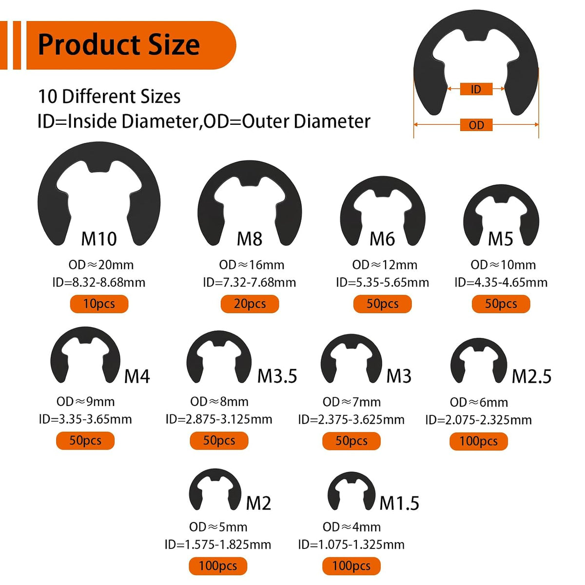 580Pcs Black Alloy Steel E-Clip Assortment Kit, Retaining Rings M1.5-M10