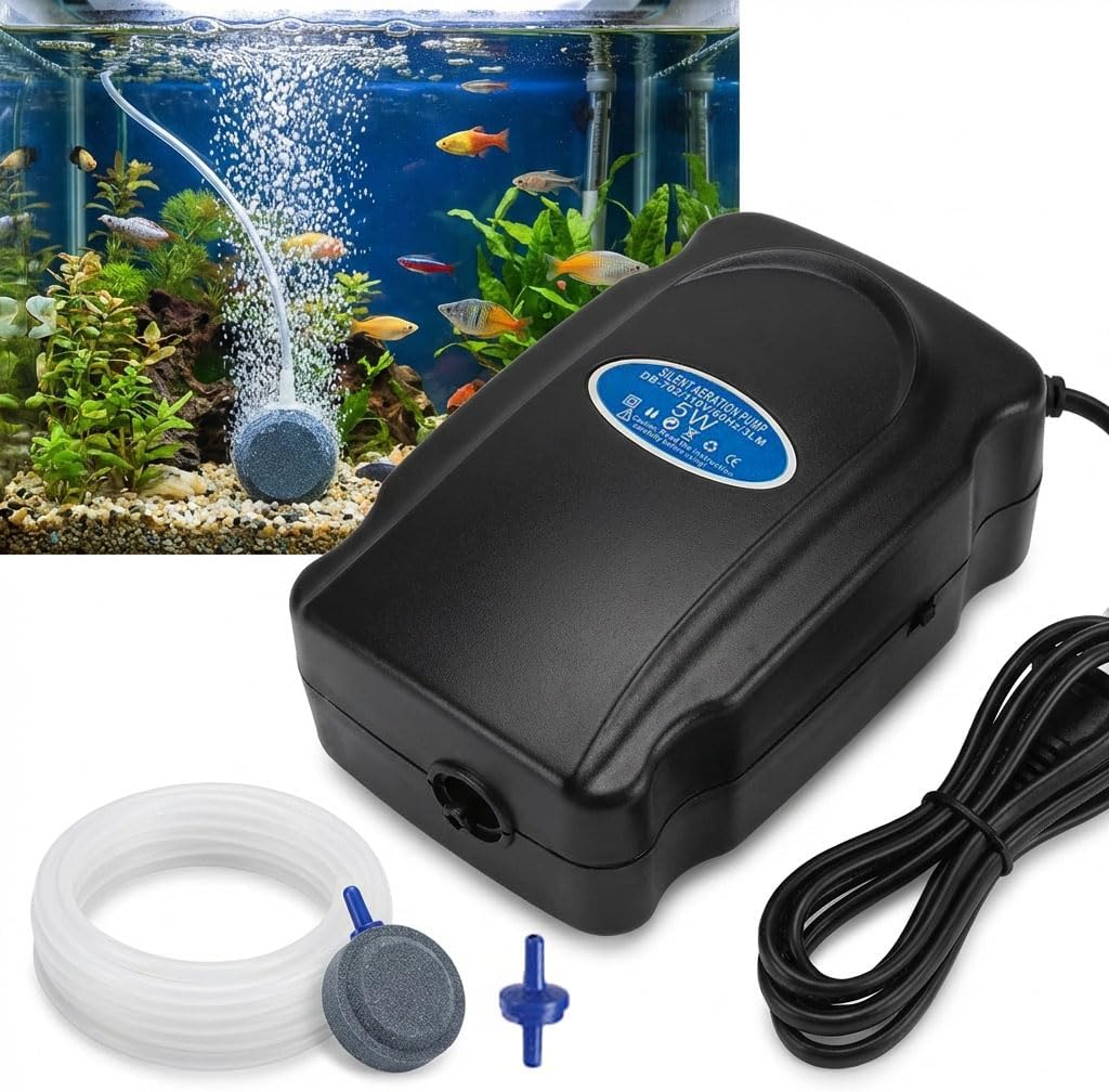 Aquarium Air Pump, Fish Tank Bubbler with Adjustable Airflow & Dual Outlets, Ultra Quiet Energy Saving Fish Tank