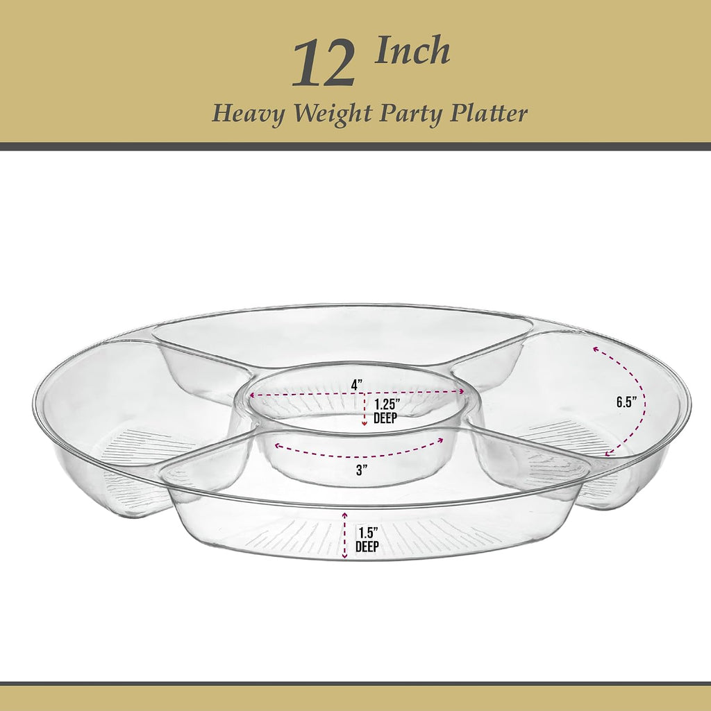 5 Sectional Round Plastic Heavy duty Serving Tray/Platters Clear Pack of 2