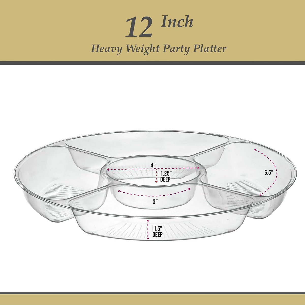 5 Sectional Round Plastic Heavy duty Serving Tray/Platters Clear Pack of 2