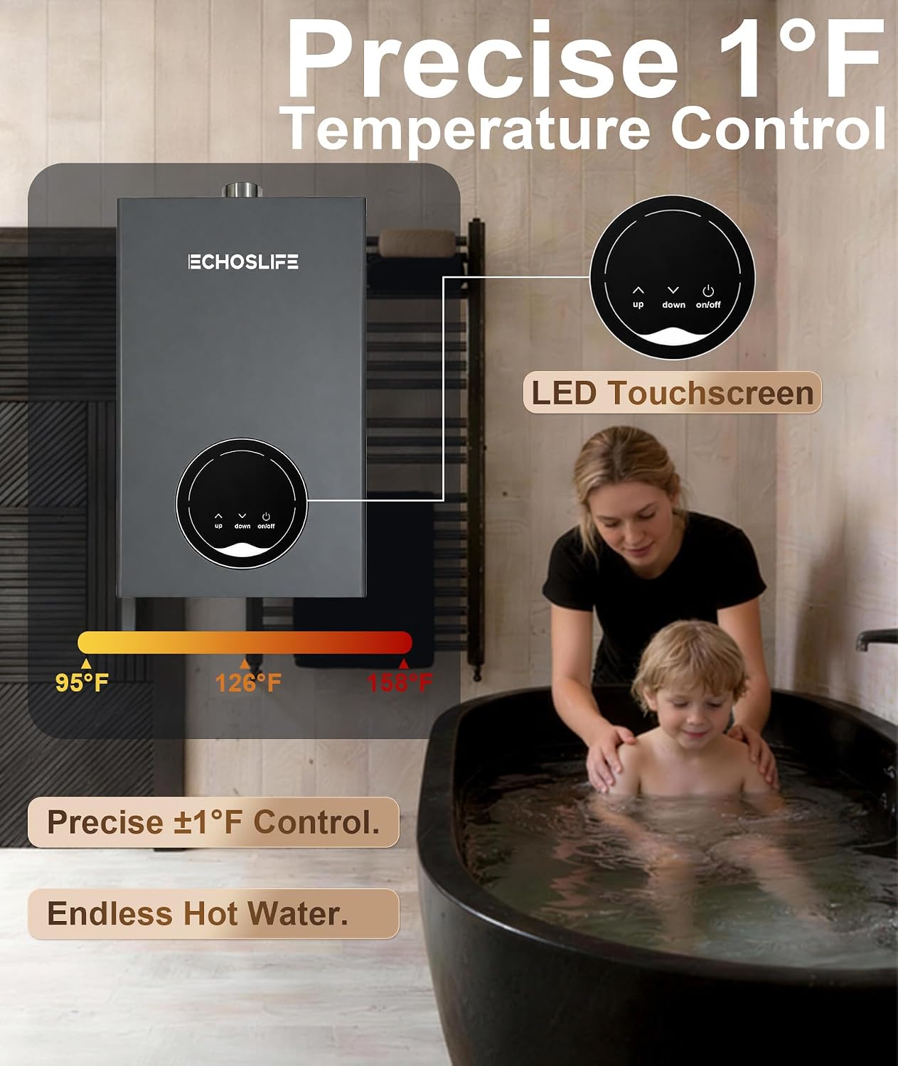 Tankless Water Heater Propane Up to 4.3 GPM, 102,000 BTU | LED Temperature Display; Energy and Space Save; On Demand