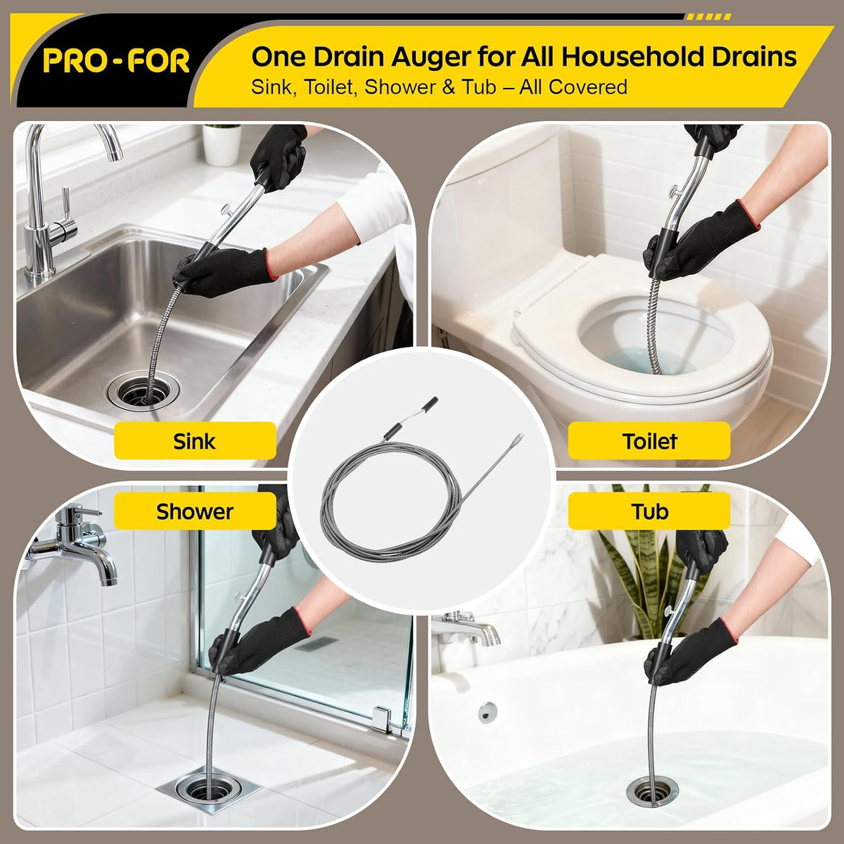 25FT Handheld Drain Auger, Heavy Duty Plumbing Snake for Clogged Drains, 3/8 Inch Diameter Manual Drain Cleaner for