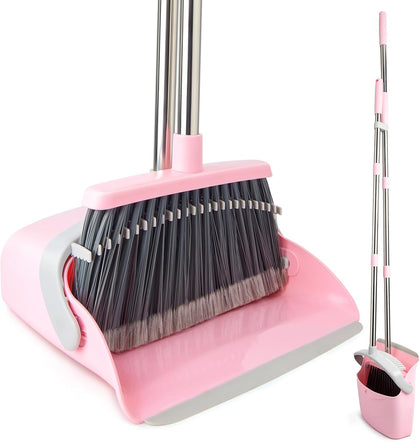 Broom and Dustpan Combo Set, Long Handle and Standing Dust Pan with Comb Teeth, Efficient Floor Cleaning for Kitchen