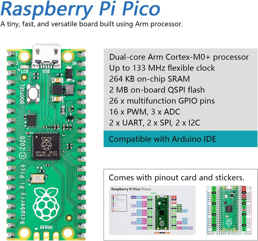 Freenove Raspberry Pi Pico Board Pre-Soldered Header, Dual-core Arm Cortex-M0+ Microcontroller, Development Board, Python C Java Code, Tutorial Example Projects