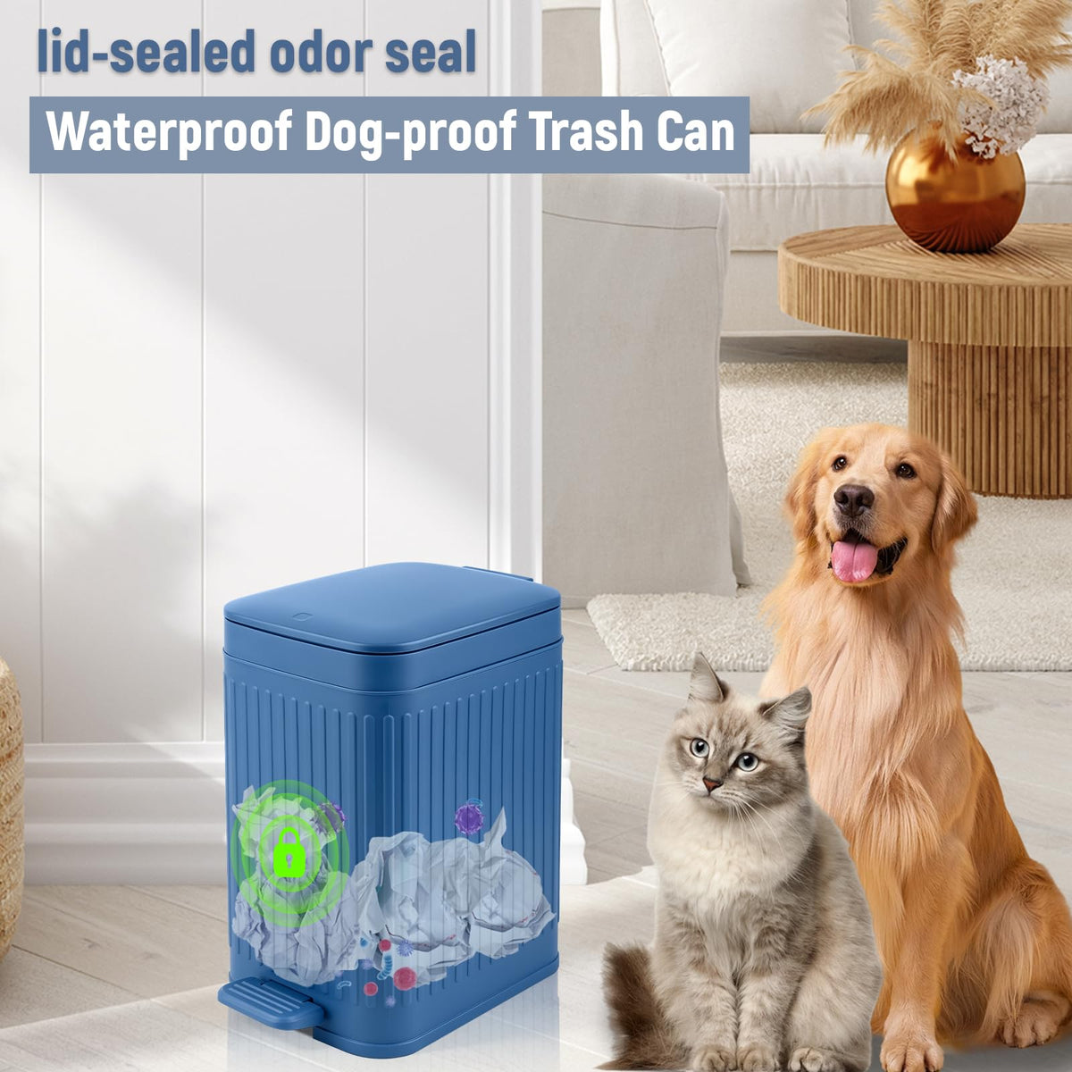 Small Bathroom Trash Can with Lid, 1.9 Gallon Slim Soft Close Step, Navy