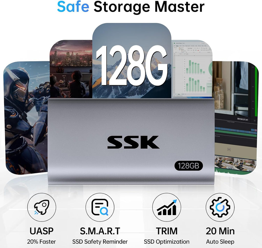128GB SSD External Hard Drive, Portable SSD Up to 550MB/s Fast Solid State Drives, External Drive USB 3.2 Gen2 for