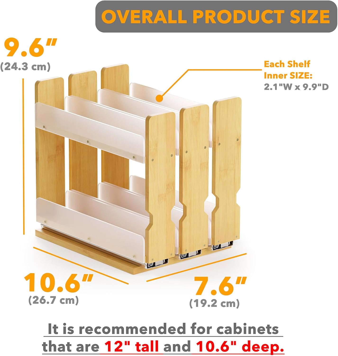 Bamboo Pull Out Spice Rack Organizer for Cabinet, Heavy Duty Slide Out Seasoning Kitchen Pantry Sliding Vertical